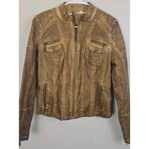 THRASHED J2 Camel Brown Faux Leather Jacket Crop LARGE Moto Steampunk Grunge Y2K